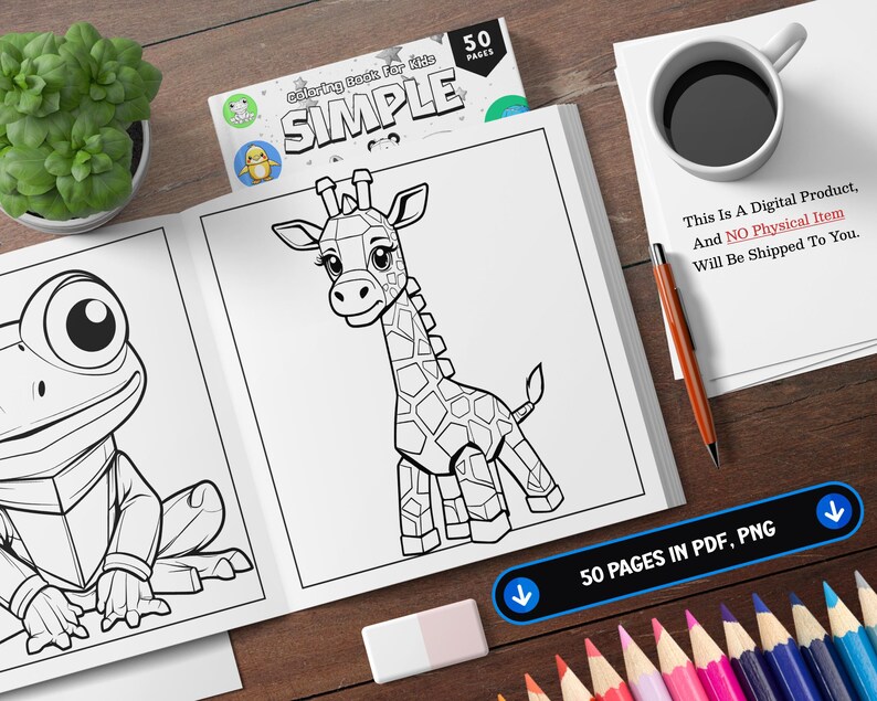 K&ouml;nnte beinhalten: Ein Schwarzwei&szlig;-Malbuch mit einer Giraffe und einem Frosch auf dem Cover. Der Titel des Buches lautet "Simple Coloring Book for Kids" und es hat 50 Seiten.