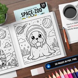 以下が含まれることがあります： 「SPACE-ZOO」というタイトルの白黒の塗り絵で、宇宙服を着たセイウチと眼鏡をかけたペンギンの絵が描かれています。この本は50ページあり、PDFとPNG形式で入手できます。