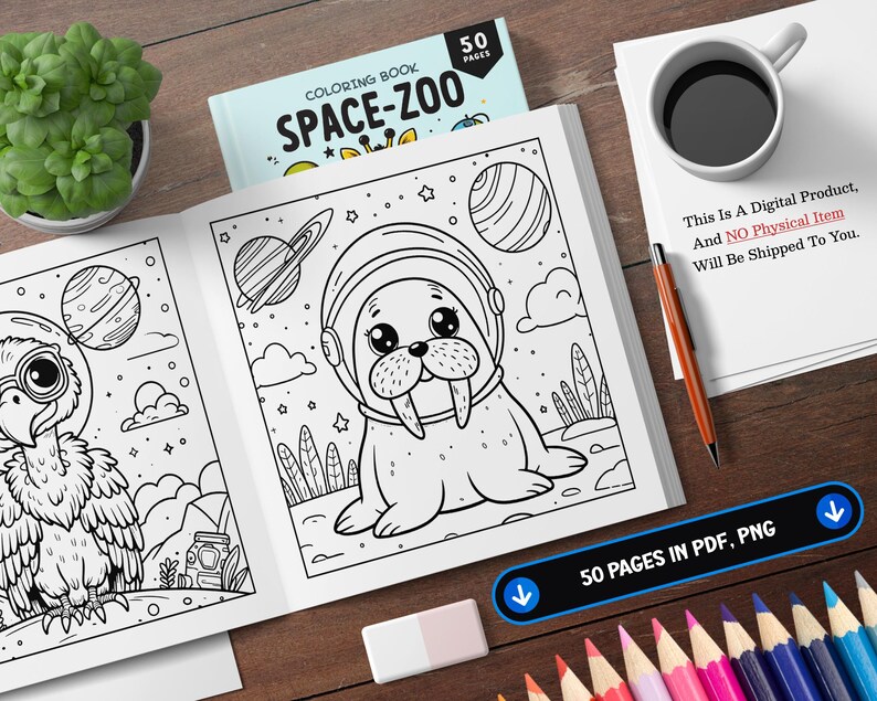 以下が含まれることがあります： 「SPACE-ZOO」というタイトルの白黒の塗り絵で、宇宙服を着たセイウチと眼鏡をかけたペンギンの絵が描かれています。この本は50ページあり、PDFとPNG形式で入手できます。