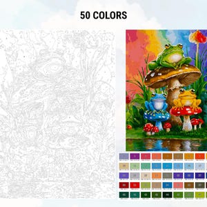 May include: A paint by numbers kit featuring three frogs sitting on mushrooms. The frogs are green, blue, and yellow. The mushrooms are red, brown, and white. The background is a rainbow.