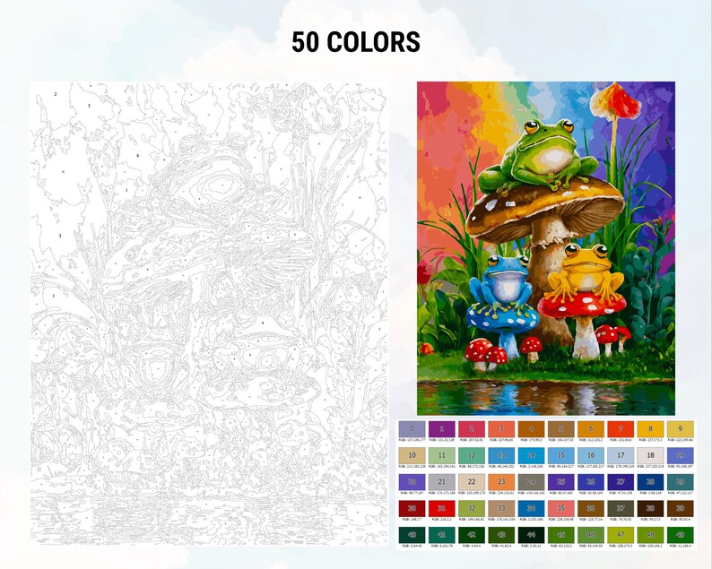 May include: A paint by numbers kit featuring three frogs sitting on mushrooms. The frogs are green, blue, and yellow. The mushrooms are red, brown, and white. The background is a rainbow.