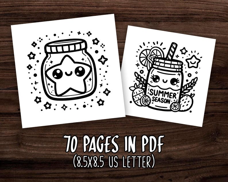 Puede incluir: Dos p&aacute;ginas para colorear en blanco y negro con lindos frascos de dibujos animados. El primer frasco tiene una estrella adentro y el segundo frasco tiene el texto "Summer Season".