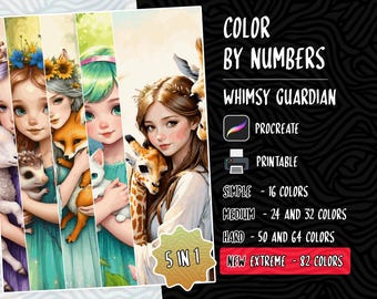 May include: Five color by number illustrations featuring whimsical characters with animals. The illustrations are labeled "Simple - 16 Colors", "Medium - 24 and 32 Colors", "Hard - 50 and 64 Colors", "New Extreme - 82 Colors", and "5 in 1".