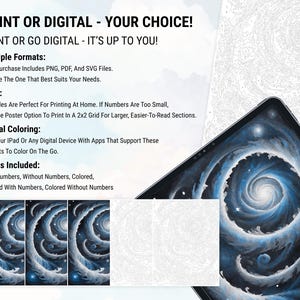 Pu&ograve; includere: Una pagina da colorare digitale con un design a spirale di galassia. L'immagine mostra un tablet che visualizza la pagina da colorare digitale, insieme a tre immagini pi&ugrave; piccole della pagina in diversi formati: con numeri, senza numeri e colorata. Il testo sulla pagina dice: "STAMPA O DIGITALE - LA TUA SCELTA! STAMPA O DIGITALE - DIPENDE DA TE!"