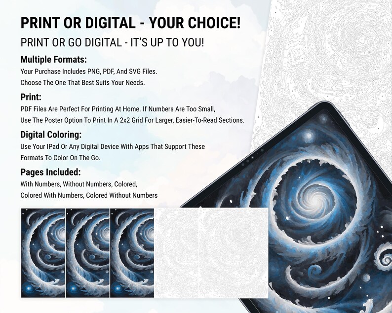 Pu&ograve; includere: Una pagina da colorare digitale con un design a spirale di galassia. L'immagine mostra un tablet che visualizza la pagina da colorare digitale, insieme a tre immagini pi&ugrave; piccole della pagina in diversi formati: con numeri, senza numeri e colorata. Il testo sulla pagina dice: "STAMPA O DIGITALE - LA TUA SCELTA! STAMPA O DIGITALE - DIPENDE DA TE!"