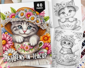 May include: A coloring book titled "Kittens in Teacup" with 40 pages. The cover features a colorful illustration of a gray and white kitten wearing a floral hat and sitting in a teacup. The book is open to show black and white coloring pages.