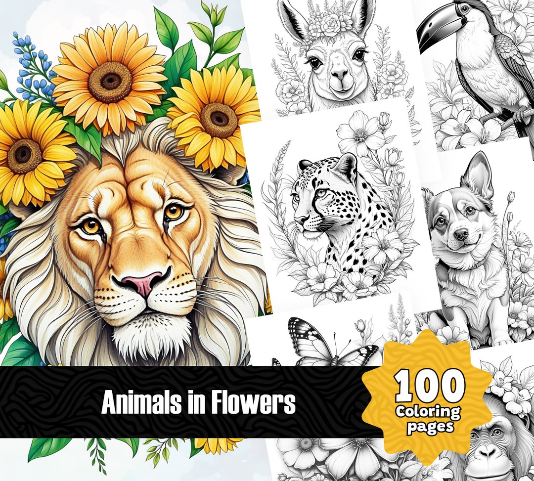 100 Animals in Flowers Coloring Pages for Adults, Grayscale Coloring ...