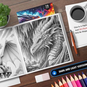 May include: A coloring book with 70 pages featuring two dragons. One dragon is perched on a stone tower, while the other is in a cave with icicle-like formations. The book includes both dark and light versions of the images.