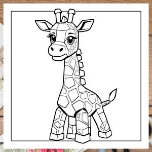 K&ouml;nnte beinhalten: Eine Schwarzwei&szlig;-Zeichnung einer Cartoon-Giraffe mit einem gepunkteten Muster. Die Giraffe steht auf allen vieren und hat den Kopf zur Seite geneigt.