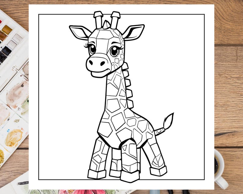 K&ouml;nnte beinhalten: Eine Schwarzwei&szlig;-Zeichnung einer Cartoon-Giraffe mit einem gepunkteten Muster. Die Giraffe steht auf allen vieren und hat den Kopf zur Seite geneigt.