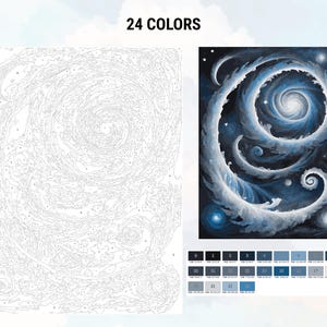 Pu&ograve; includere: Un kit di pittura per numeri che rappresenta una galassia vorticosa con stelle e nuvole bianche. Il kit include 24 colori.