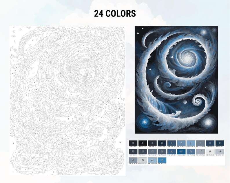 Pu&ograve; includere: Un kit di pittura per numeri che rappresenta una galassia vorticosa con stelle e nuvole bianche. Il kit include 24 colori.