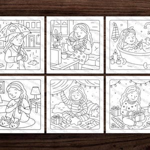 May include: Six black and white illustrations for colouring, each depicting a young person in different settings. Scenes include a person in the rain, enjoying a meal, relaxing in a bath, and wrapping presents. The images are all in a simple line art style.
