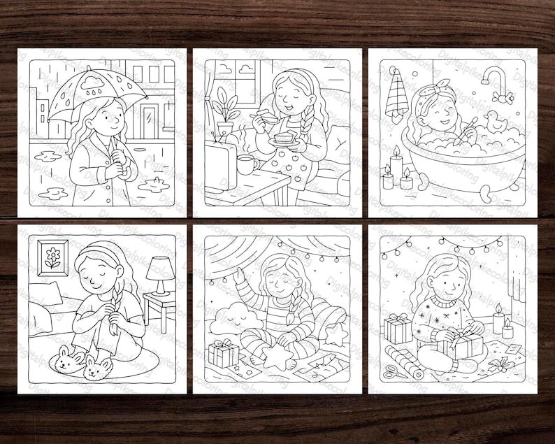 May include: Six black and white illustrations for colouring, each depicting a young person in different settings. Scenes include a person in the rain, enjoying a meal, relaxing in a bath, and wrapping presents. The images are all in a simple line art style.