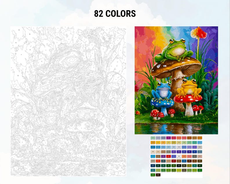 May include: A paint by numbers kit featuring three frogs sitting on mushrooms. The frogs are green, blue, and yellow. The mushrooms are red and brown. The background is a rainbow.