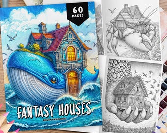 60 Fantasy House Coloring Book, Coloring Sheets, House Coloring, Grayscale Coloring Book, Fantasy Coloring, Relaxation Coloring Book