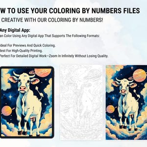 May include: A digital coloring page featuring a white cow standing on clouds in a starry night sky. The cow has black eyes and a black nose. The sky is blue with white stars and a pink planet. The image is divided into three sections: a colored version, a black and white version, and a blank version.