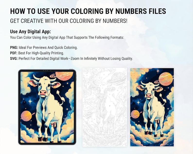 May include: A digital coloring page featuring a white cow standing on clouds in a starry night sky. The cow has black eyes and a black nose. The sky is blue with white stars and a pink planet. The image is divided into three sections: a colored version, a black and white version, and a blank version.