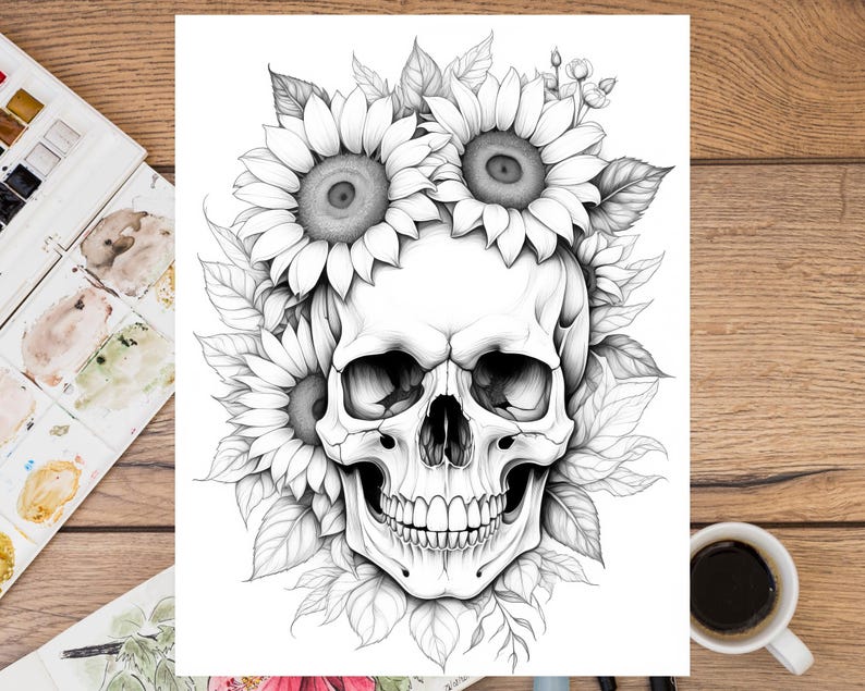 35 Blooming Skull Coloring Book, Flowers Coloring Pages, Horror
