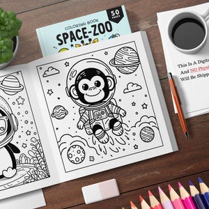 以下が含まれることがあります： 宇宙服を着た漫画のサルと眼鏡をかけたペンギンが表紙の白黒塗り絵。本のタイトルは「SPACE-ZOO」で、50ページあります。
