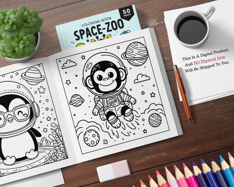 以下が含まれることがあります： 宇宙服を着た漫画のサルと眼鏡をかけたペンギンが表紙の白黒塗り絵。本のタイトルは「SPACE-ZOO」で、50ページあります。