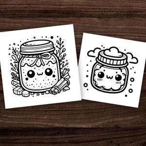 Puede incluir: Dos dibujos en blanco y negro de lindos frascos con caras. El primer frasco est&aacute; rodeado de terrones de az&uacute;car y palitos de canela. El segundo frasco tiene nubes a su alrededor.