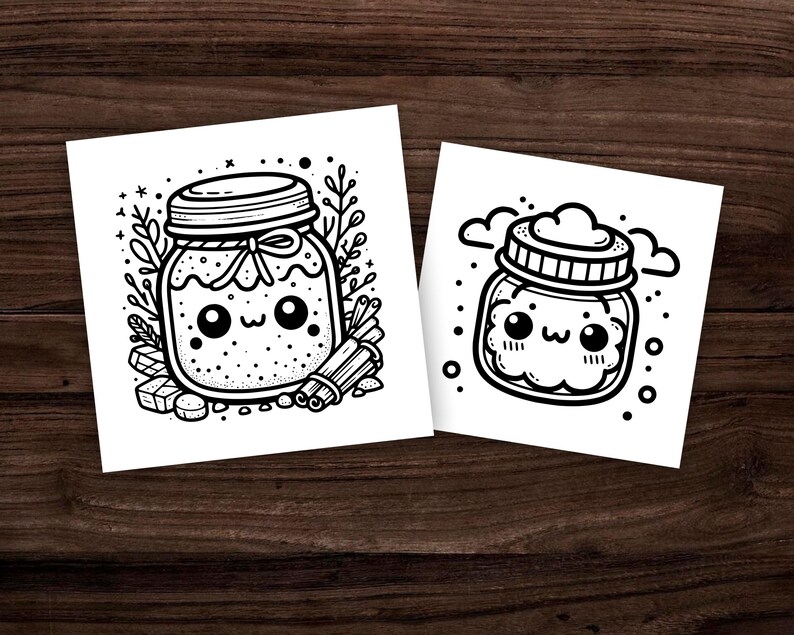 Puede incluir: Dos dibujos en blanco y negro de lindos frascos con caras. El primer frasco est&aacute; rodeado de terrones de az&uacute;car y palitos de canela. El segundo frasco tiene nubes a su alrededor.