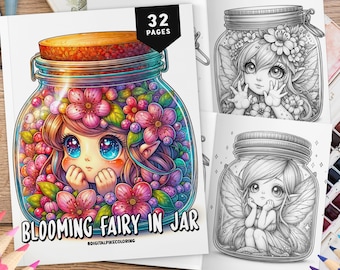 32 Blooming Fairy in Jar Coloring Pages, Grayscale Coloring, Coloring Sheets, Kids Coloring Book, Fantasy Coloring, Fairies Coloring Book