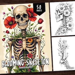 May include: A black and white illustration of a skeleton with flowers growing out of its ribcage. The title "Blooming Skeleton #digitalinkcoloring" is at the bottom of the image.