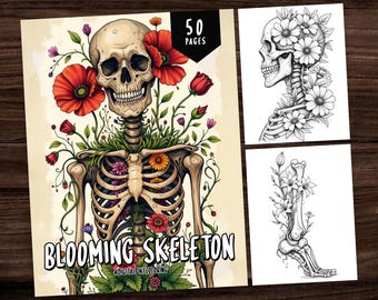50 咲くスケルトンの塗り絵、花の塗り絵、印刷可能な PDF、花の塗り絵、スケルトンの塗り絵、印刷可能な PDF、大人の塗り絵