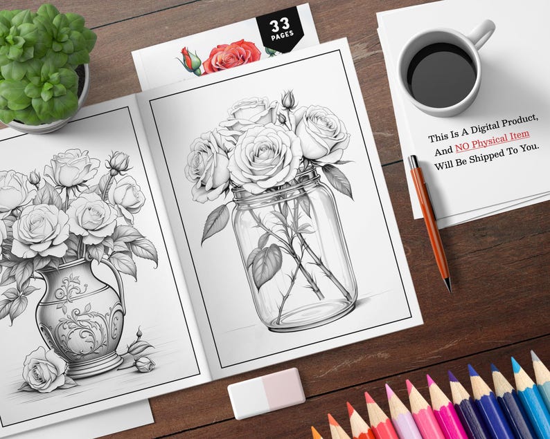 K&ouml;nnte beinhalten: Zwei Schwarzwei&szlig;illustrationen von Rosen in Vasen. Die erste Illustration zeigt einen Rosenstrau&szlig; in einer dekorativen Vase. Die zweite Illustration zeigt einen Rosenstrau&szlig; in einem durchsichtigen Glasgef&auml;&szlig;.