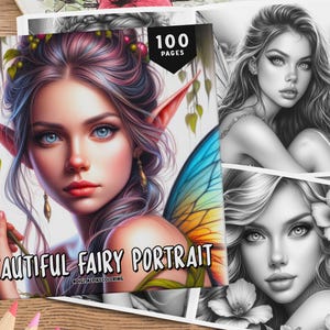 May include: A digital coloring book featuring a beautiful fairy portrait with a colorful butterfly wing. The book has 100 pages and is titled "Beautiful Fairy Portrait".