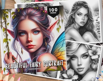 100 hermosas páginas para colorear de retratos de hadas, páginas para colorear en escala de grises, hojas para colorear, dibujos de fantasía, libro para colorear de hadas