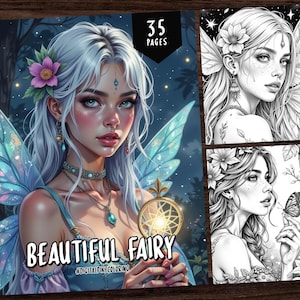 May include: A coloring book titled "Beautiful Fairy" with 35 pages, featuring a detailed illustration of a fairy with blue wings, holding a golden dreamcatcher. Includes two black and white fairy illustrations.