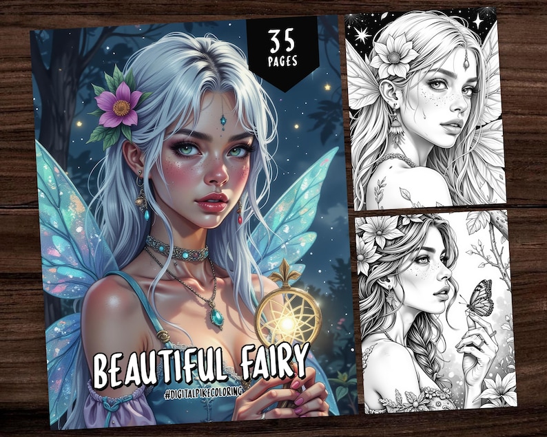 Puede incluir: Un libro para colorear titulado "Beautiful Fairy" con 35 p&aacute;ginas, con una ilustraci&oacute;n detallada de un hada con alas azules, sosteniendo un atrapasue&ntilde;os dorado. Incluye dos ilustraciones de hadas en blanco y negro.