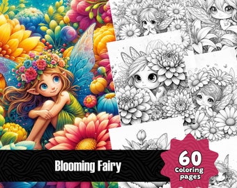 60 bloeiende fee kleurplaten volwassenen, grijswaarden kleurplaten, afdrukbare PDF, kleine feeën, fantasie kleuren, elfen kleurboek