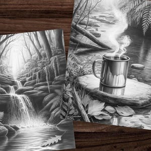 May include: Two black and white art prints depicting serene forest scenes. One shows a waterfall cascading into a river, the other features a steaming metal mug on a rock in a stream. The prints evoke a sense of tranquility.