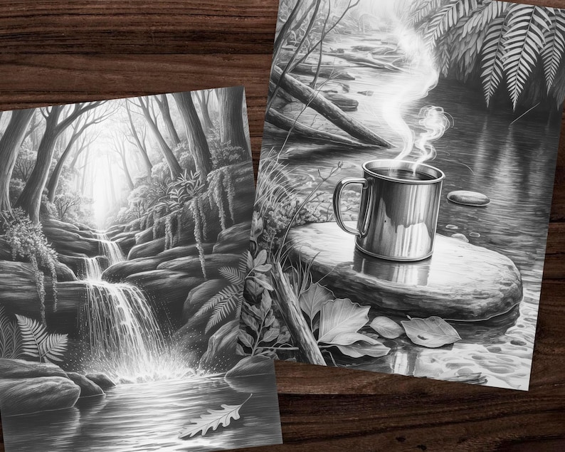 May include: Two black and white art prints depicting serene forest scenes. One shows a waterfall cascading into a river, the other features a steaming metal mug on a rock in a stream. The prints evoke a sense of tranquility.