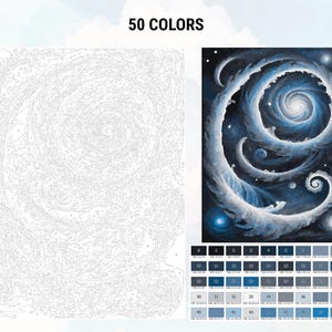 Pu&ograve; includere: Un kit di pittura per numeri che presenta una galassia vorticosa con nuvole bianche e colori blu e neri. Il kit include 50 colori.