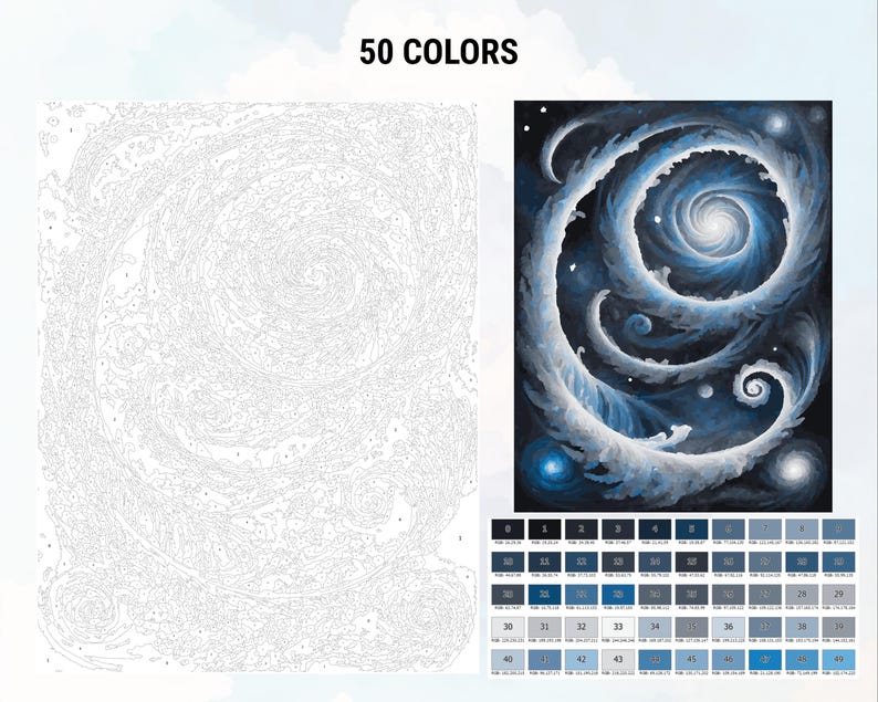 Pu&ograve; includere: Un kit di pittura per numeri che presenta una galassia vorticosa con nuvole bianche e colori blu e neri. Il kit include 50 colori.