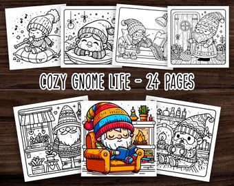 May include: A colouring book with 24 pages featuring illustrations of gnomes in various cosy settings. The cover shows a gnome sitting in a chair by a fireplace, reading a book. The title of the book is "Cozy Gnome Life - 24 Pages".
