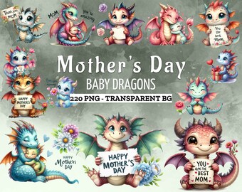 Baby Dragon Mother's Days Clipart Bundle, Watercolor Clipart, Cute Baby Dragon, Watercolor Mothers Day, Mothers Day Clipart, Baby Dragon PNG