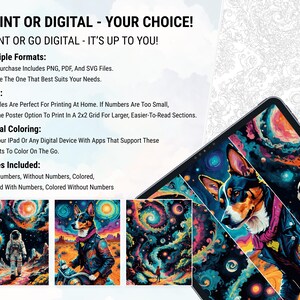 Peut inclure: Impression num&eacute;rique d'art repr&eacute;sentant un chien portant une veste en cuir et un astronaute dans une sc&egrave;ne spatiale color&eacute;e. Le texte indique "Print or Digital - Your Choice!" et "Print or Go Digital - It's Up To You!" Plusieurs formats sont disponibles.