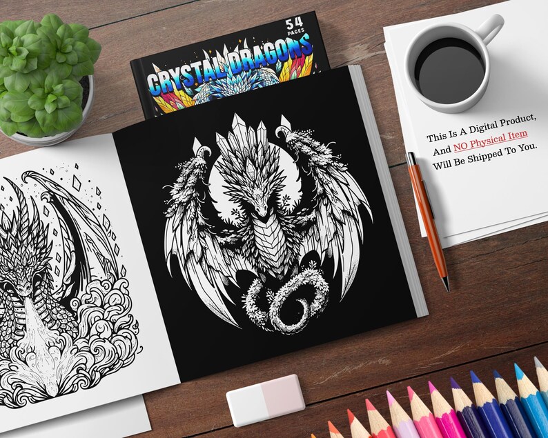 Puede incluir: Un libro para colorear en blanco y negro con 54 p&aacute;ginas que presenta un drag&oacute;n con alas de cristal. La portada del libro tiene el t&iacute;tulo "Crystal Dragons" impreso en blanco.