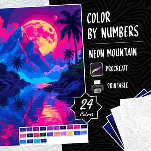 Landscape Coloring, Color by Numbers, Digital Coloring, Paint by Numbers Procreate Coloring Book iPad Coloring Pages, Neon Mountain Coloring