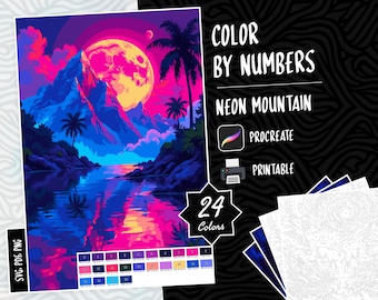 Landschaft Färbung, Farbe nach Zahlen, digitale Färbung, Malen nach Zahlen Procreate Malbuch iPad Malseiten, Neonberge Färbung