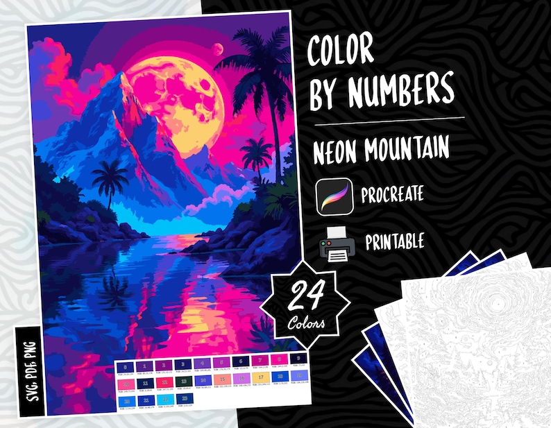 Landscape Coloring, Color by Numbers, Digital Coloring, Paint by Numbers Procreate Coloring Book iPad Coloring Pages, Neon Mountain Coloring