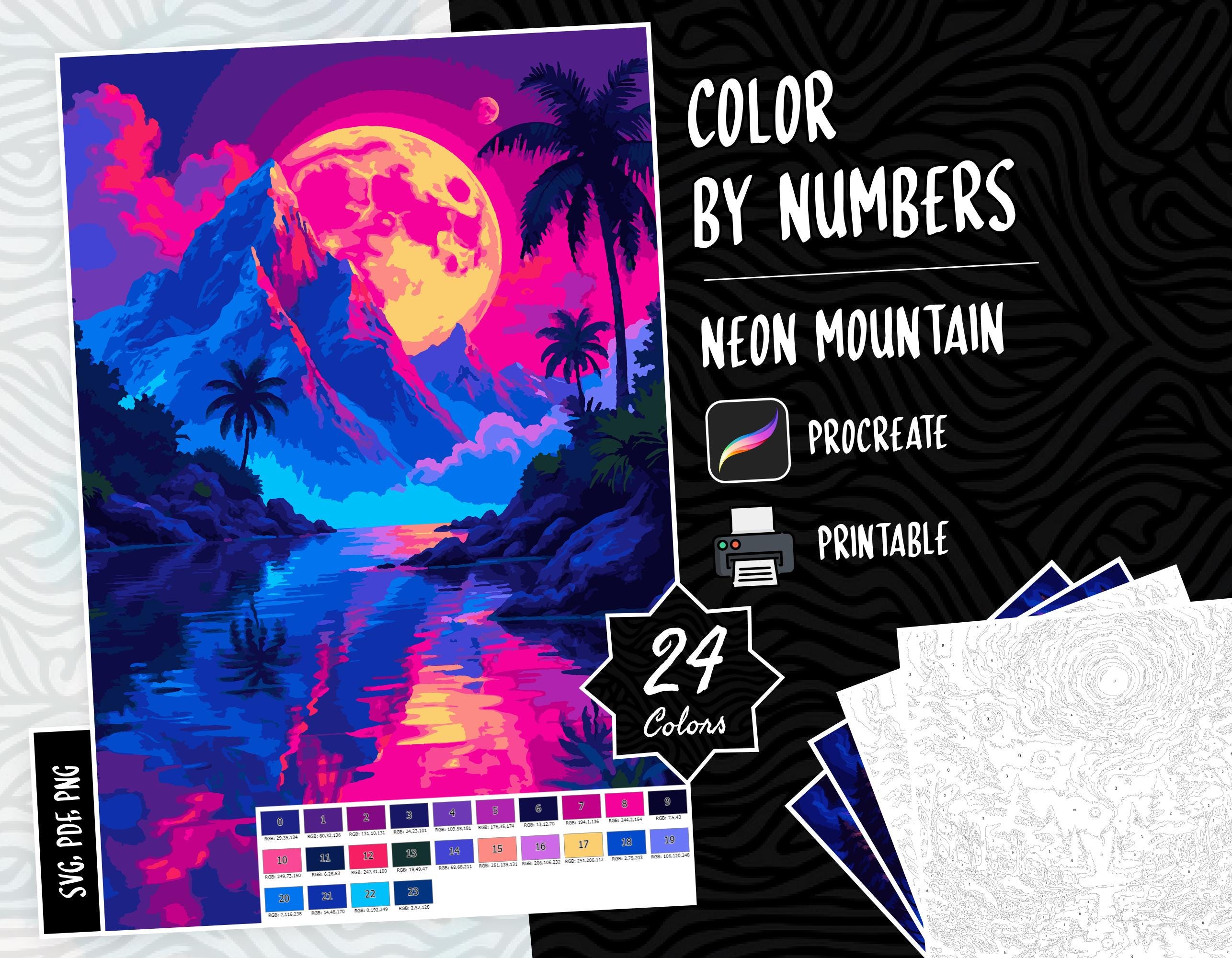 Landscape Color by Numbers – Digital Coloring Pages for iPad & Print | Procreate Paint by Numbers, Neon Mountain Art