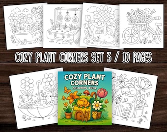 Cozy Plant Corners Set 3 / 10 pages / Relaxing Coloring Pages Printable Bold & Easy Designs | Simple Instant PDF Book Simple