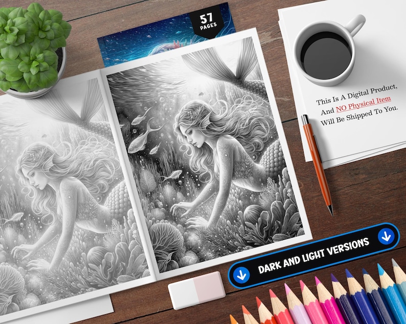Puede incluir: P&aacute;ginas de un libro para colorear en blanco y negro con sirenas en una escena submarina con peces y corales. La imagen incluye el texto "57 PAGES" y "DARK AND LIGHT VERSIONS". Tambi&eacute;n se ve una taza de caf&eacute;, l&aacute;pices de colores y una planta suculenta.